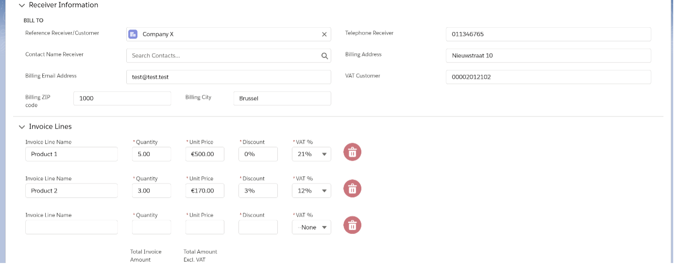 The Receiver and Invoice Lines sections of the Papaya invoicing app